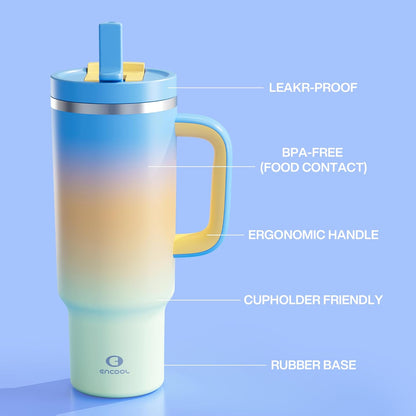 40 oz Tumbler with Handle and Straw: Stainless Steel Insulated Tumbler Keeps Cold for 24 Hours, Leakproof Travel Cup Fits in Cup Holder and BPA-Free,Elfin Yellow