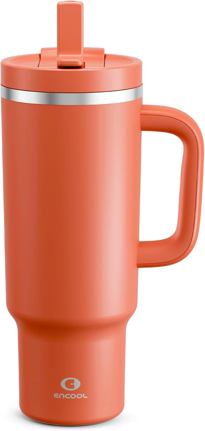 40 oz Tumbler with Handle and Straw: Stainless Steel Insulated Tumbler Keeps Cold for 24 Hours, Leakproof Travel Cup Fits in Cup Holder and BPA-Free,Elfin Yellow