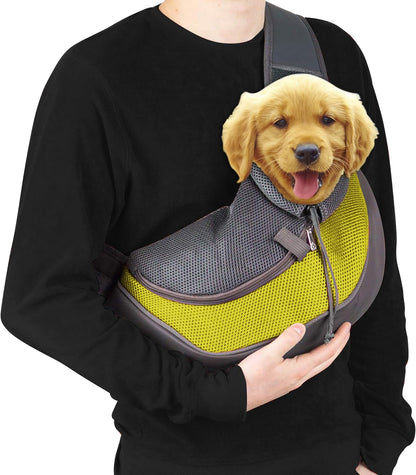 Dog Sling Carrier for Small & Medium Dogs - Breathable Mesh Puppy Travel Bag with Adjustable Strap, Zipper Touch Pocket- Perfect Pet Sling for Outdoor, Travel- Keep pet Comfortable (0-15lb, Yellow)