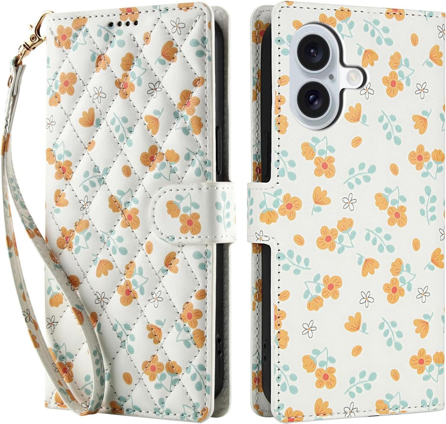 Compatible with iPhone 17 Wallet Case with Card Holder[RFID Blocking],Women's PU Leather Phone Case Shockproof Protective Flip Cover with Card Credit Slot,Yellow Small Floral Pattern