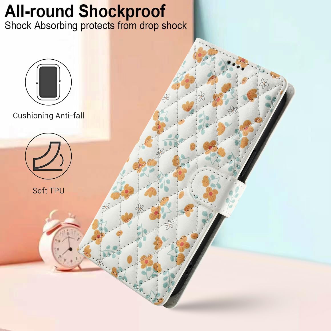 Compatible with iPhone 17 Wallet Case with Card Holder[RFID Blocking],Women's PU Leather Phone Case Shockproof Protective Flip Cover with Card Credit Slot,Yellow Small Floral Pattern
