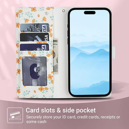 Compatible with iPhone 17 Wallet Case with Card Holder[RFID Blocking],Women's PU Leather Phone Case Shockproof Protective Flip Cover with Card Credit Slot,Yellow Small Floral Pattern