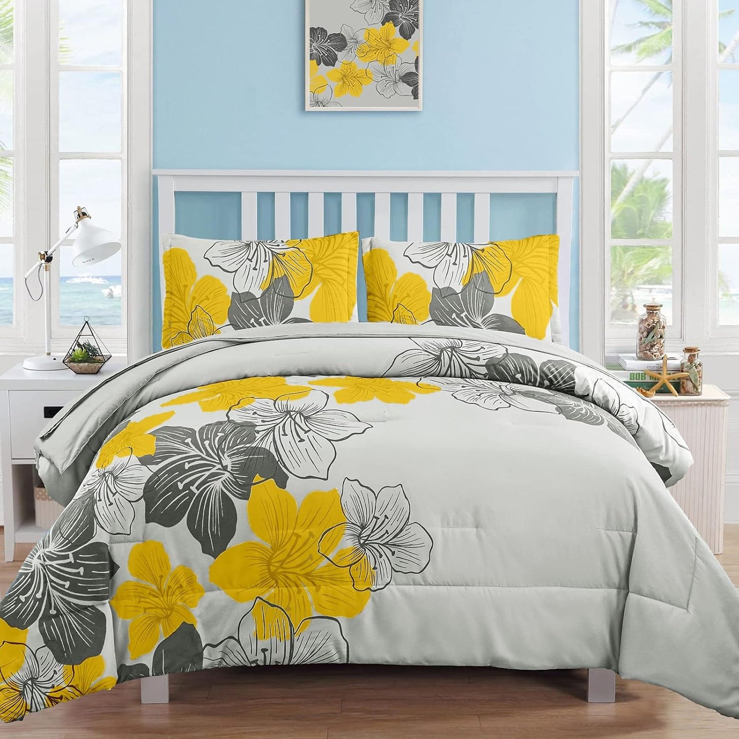 Yellow Comforter Set King Size, 7 Pieces Bed in a Bag Yellow Floral Comforter and Sheet Set, Soft Microfiber Grey Complete Bedding Sets for All Seasons