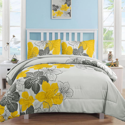 Yellow Comforter Set King Size, 7 Pieces Bed in a Bag Yellow Floral Comforter and Sheet Set, Soft Microfiber Grey Complete Bedding Sets for All Seasons