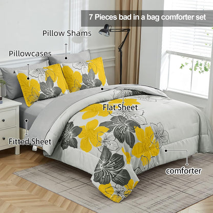 Yellow Comforter Set King Size, 7 Pieces Bed in a Bag Yellow Floral Comforter and Sheet Set, Soft Microfiber Grey Complete Bedding Sets for All Seasons