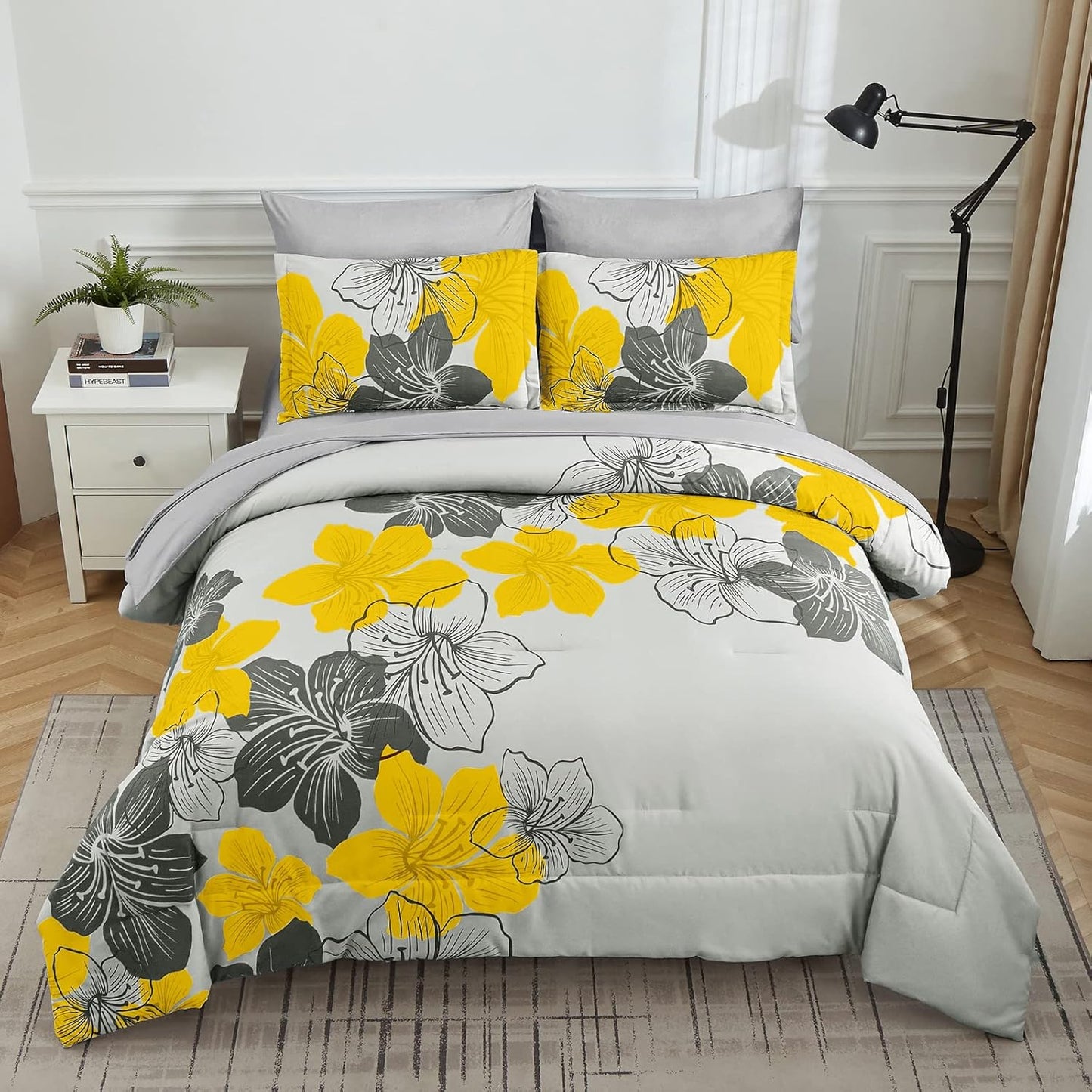 Yellow Comforter Set King Size, 7 Pieces Bed in a Bag Yellow Floral Comforter and Sheet Set, Soft Microfiber Grey Complete Bedding Sets for All Seasons
