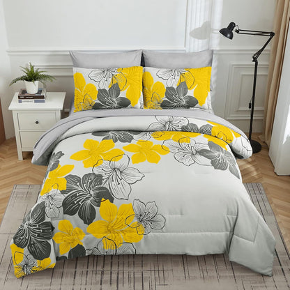 Yellow Comforter Set King Size, 7 Pieces Bed in a Bag Yellow Floral Comforter and Sheet Set, Soft Microfiber Grey Complete Bedding Sets for All Seasons