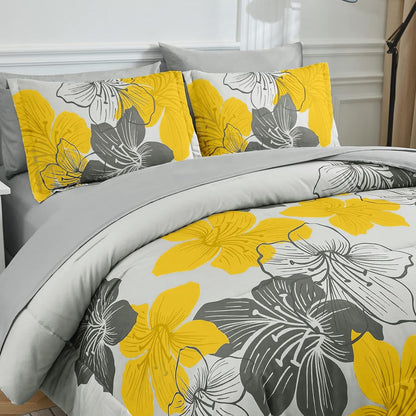 Yellow Comforter Set King Size, 7 Pieces Bed in a Bag Yellow Floral Comforter and Sheet Set, Soft Microfiber Grey Complete Bedding Sets for All Seasons