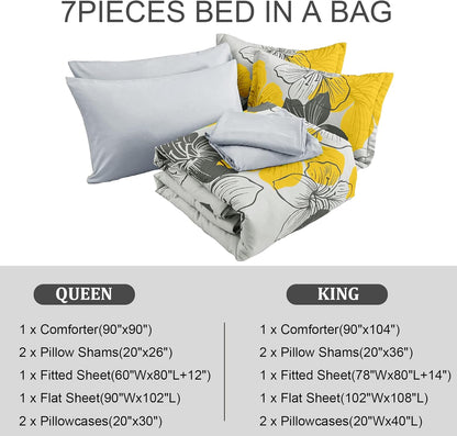 Yellow Comforter Set King Size, 7 Pieces Bed in a Bag Yellow Floral Comforter and Sheet Set, Soft Microfiber Grey Complete Bedding Sets for All Seasons