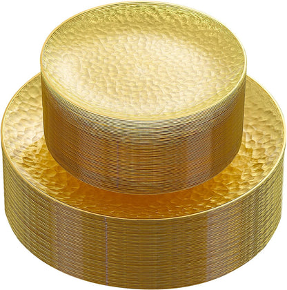 60Pcs Yellow Gold Plastic Plates, Yellow Disposable Plates With Gold Rim, Clear Heavy-duty Party Supplies, Hammered Plastic Plates Include 30 Dessert Platos, 30 Dinner Platos for Party
