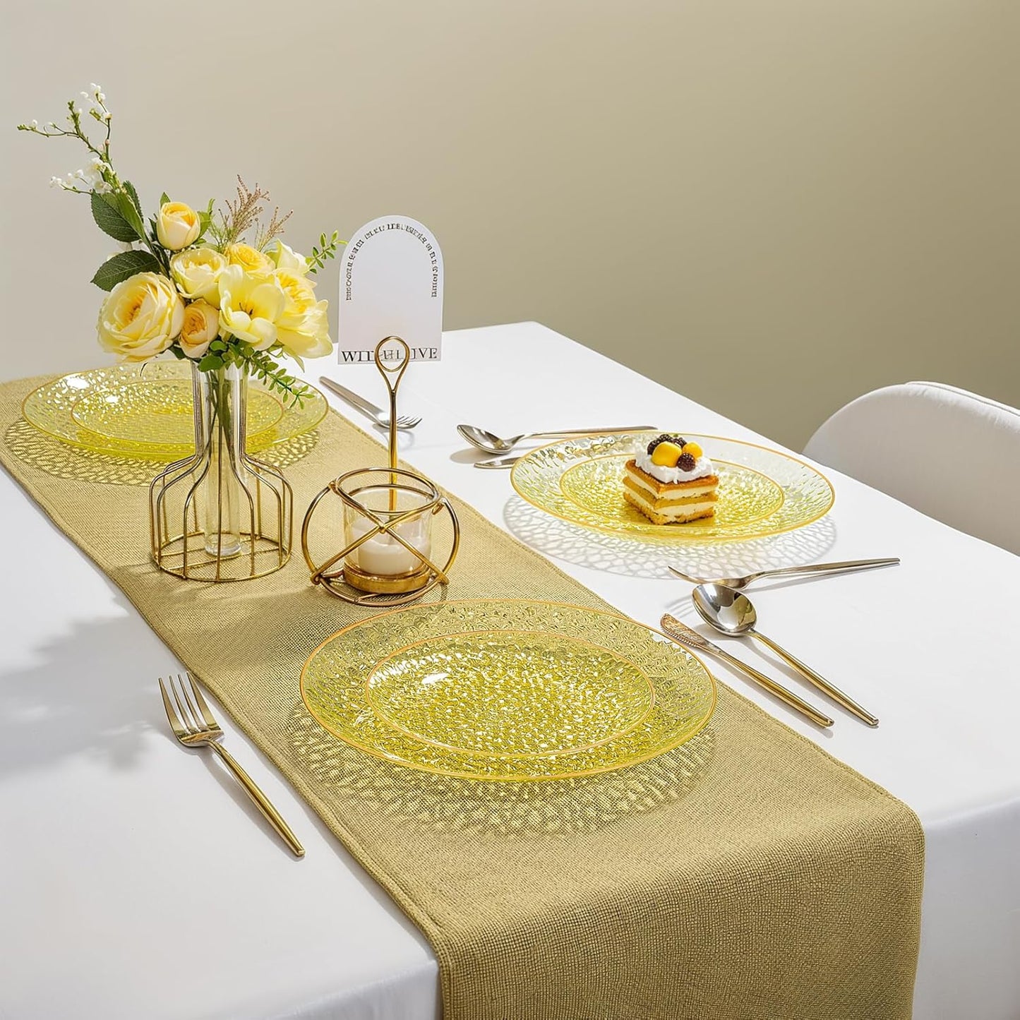 60Pcs Yellow Gold Plastic Plates, Yellow Disposable Plates With Gold Rim, Clear Heavy-duty Party Supplies, Hammered Plastic Plates Include 30 Dessert Platos, 30 Dinner Platos for Party
