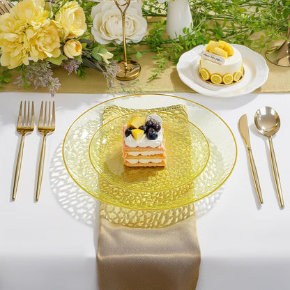 60Pcs Yellow Gold Plastic Plates, Yellow Disposable Plates With Gold Rim, Clear Heavy-duty Party Supplies, Hammered Plastic Plates Include 30 Dessert Platos, 30 Dinner Platos for Party