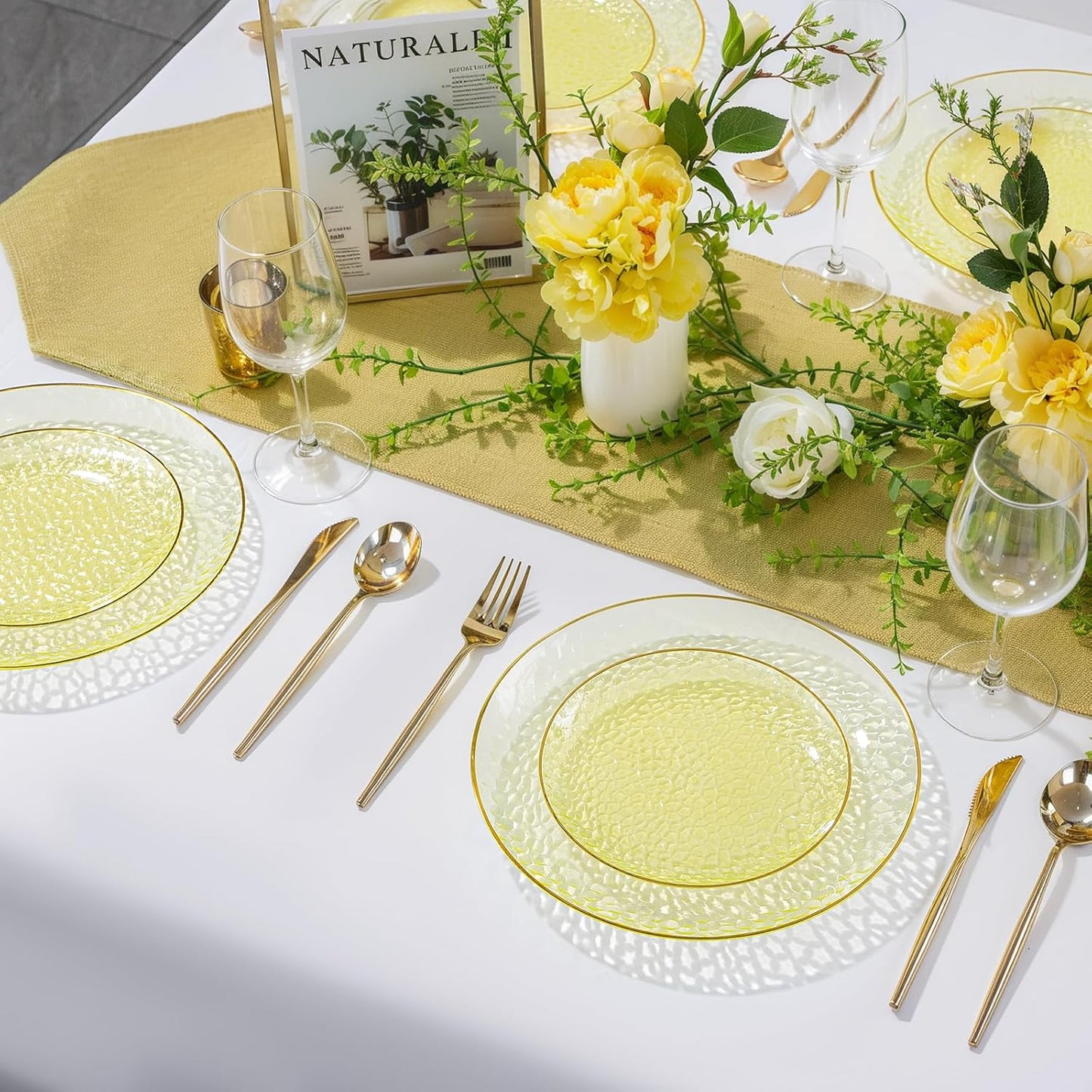 60Pcs Yellow Gold Plastic Plates, Yellow Disposable Plates With Gold Rim, Clear Heavy-duty Party Supplies, Hammered Plastic Plates Include 30 Dessert Platos, 30 Dinner Platos for Party