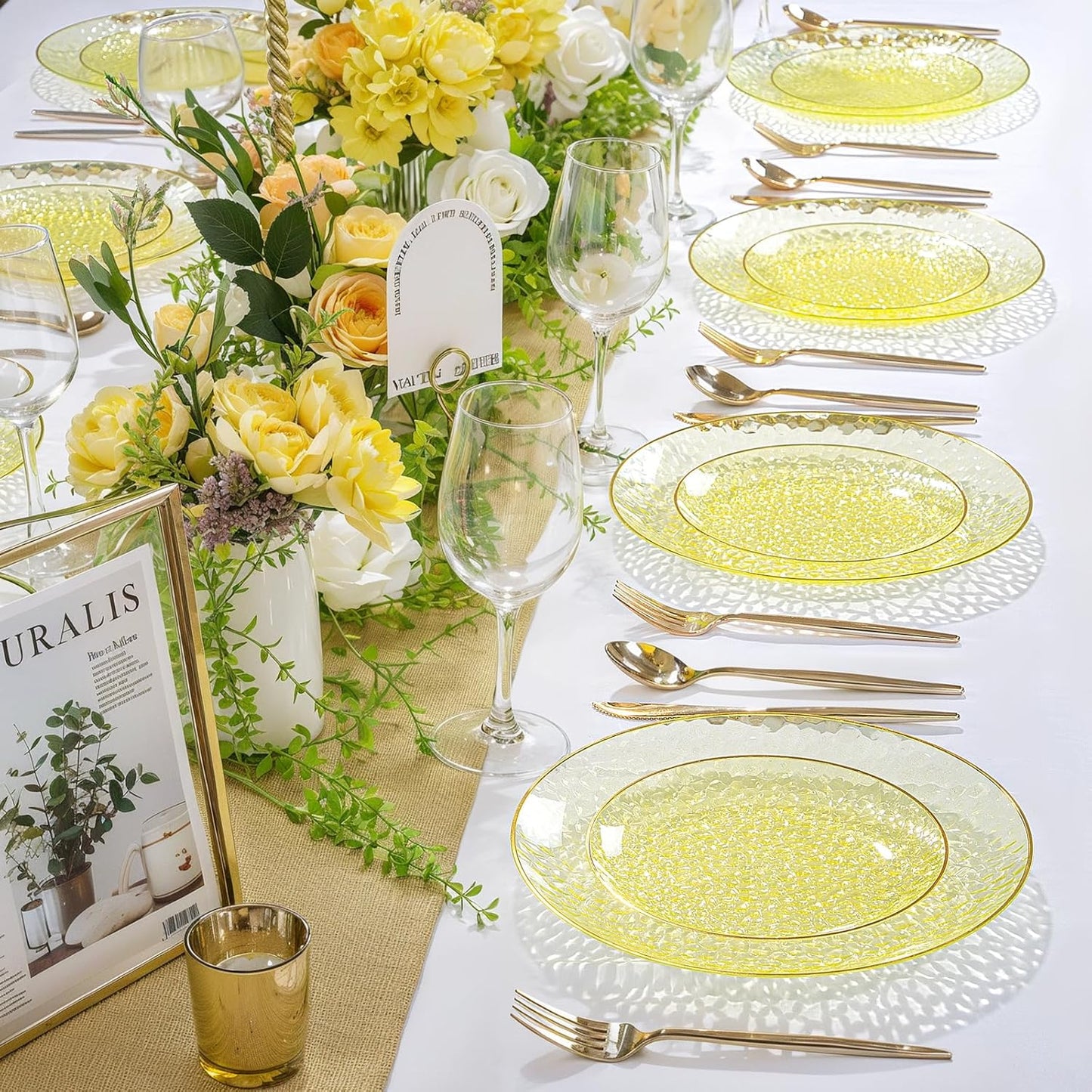 60Pcs Yellow Gold Plastic Plates, Yellow Disposable Plates With Gold Rim, Clear Heavy-duty Party Supplies, Hammered Plastic Plates Include 30 Dessert Platos, 30 Dinner Platos for Party