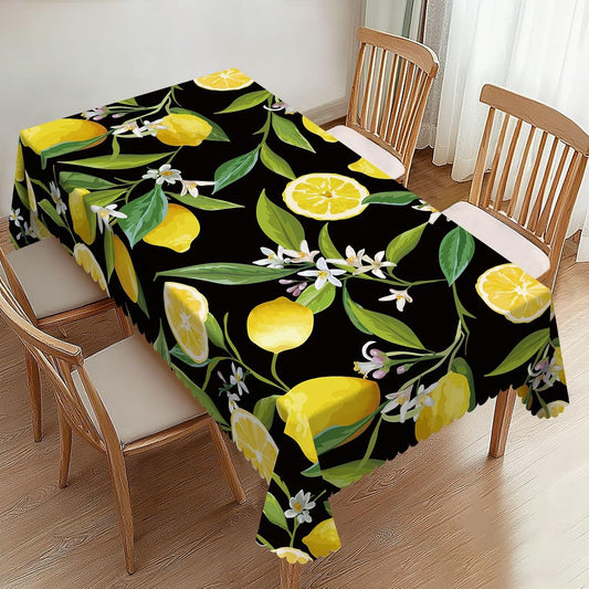 Lemon Fruits Floral Rectangle Tablecloths Black Lemon Table Cloths Decorative Kitchen Dining Tablecloth for Rectangular Tables,Washable Table Cover for Party 54 x 72 Inch