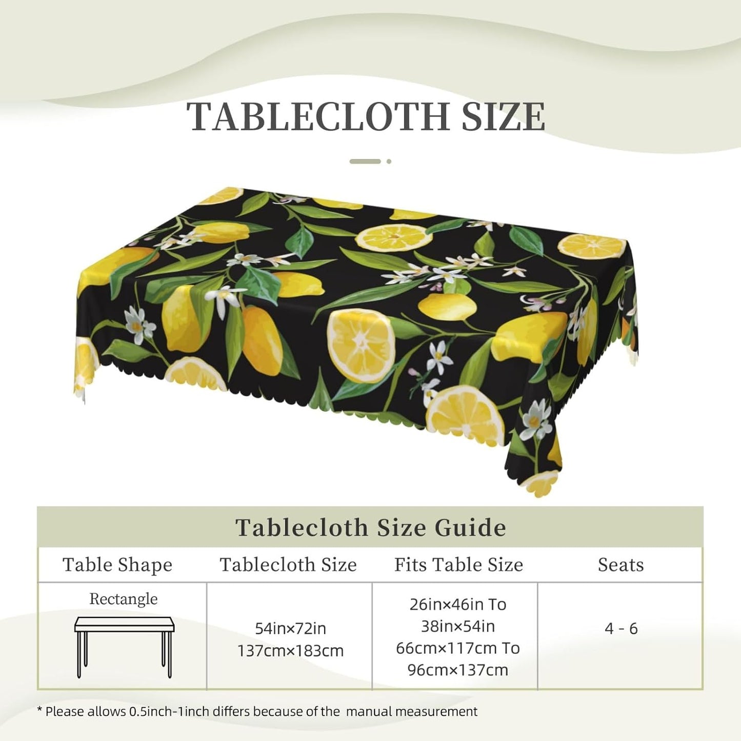 Lemon Fruits Floral Rectangle Tablecloths Black Lemon Table Cloths Decorative Kitchen Dining Tablecloth for Rectangular Tables,Washable Table Cover for Party 54 x 72 Inch