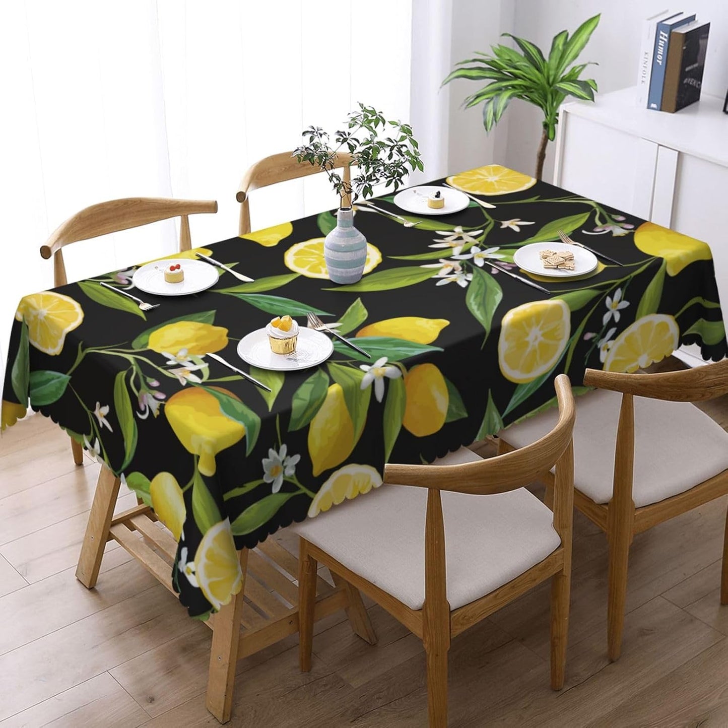 Lemon Fruits Floral Rectangle Tablecloths Black Lemon Table Cloths Decorative Kitchen Dining Tablecloth for Rectangular Tables,Washable Table Cover for Party 54 x 72 Inch