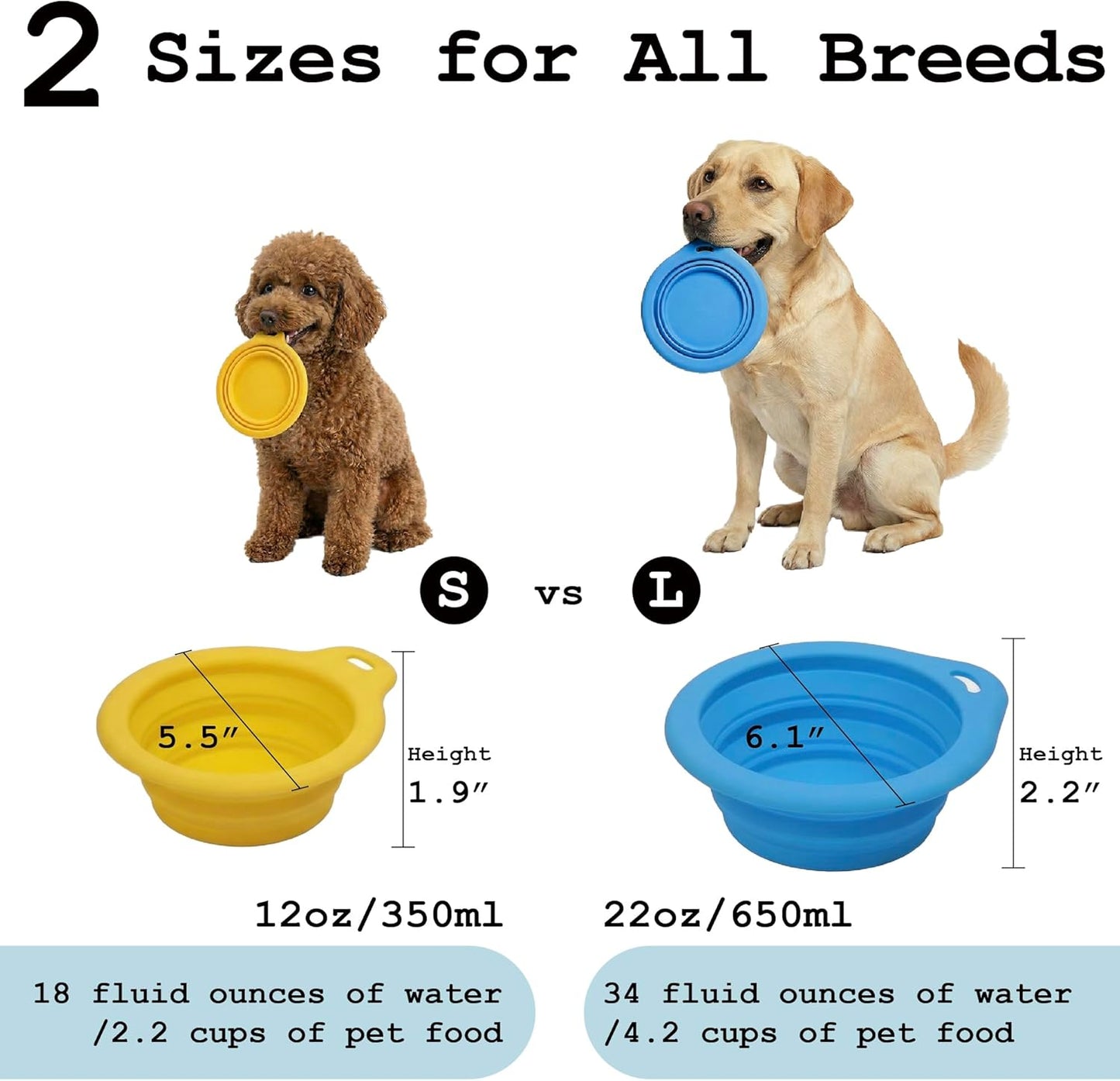 Collapsible Dog Bowl, Portable Silicone Dog Water Bowl with Carabiner, Foldable Travel Bowl for Walking, Hiking, Camping and Road Trips, 12oz, Yellow, Small