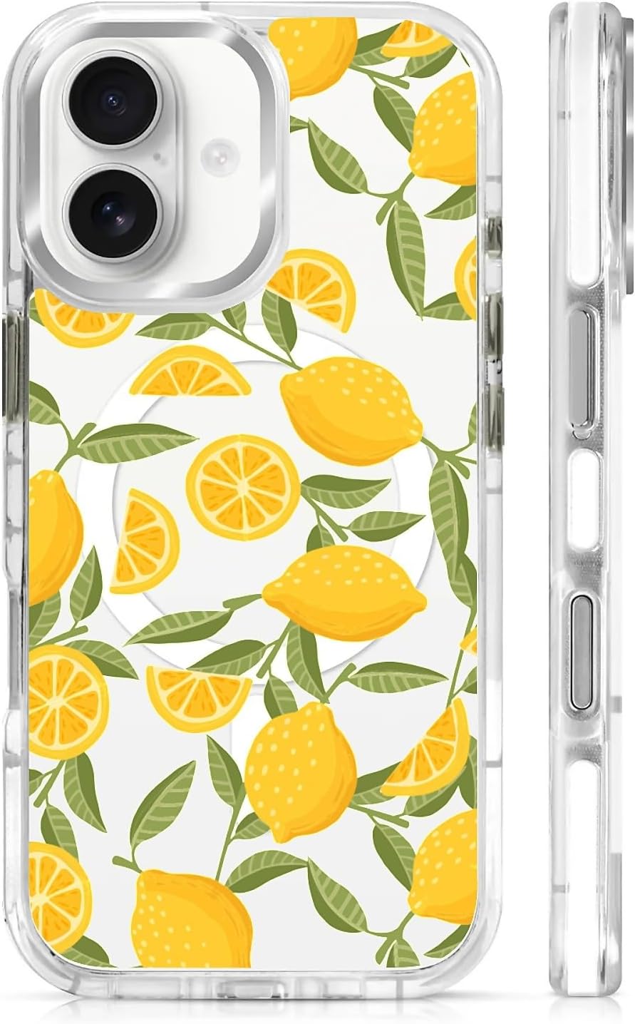 for iPhone 17 Case, Clear with Lemon Yellow Pattern Compatible with Magsafe Soft Protective Case for Women Girl (White)