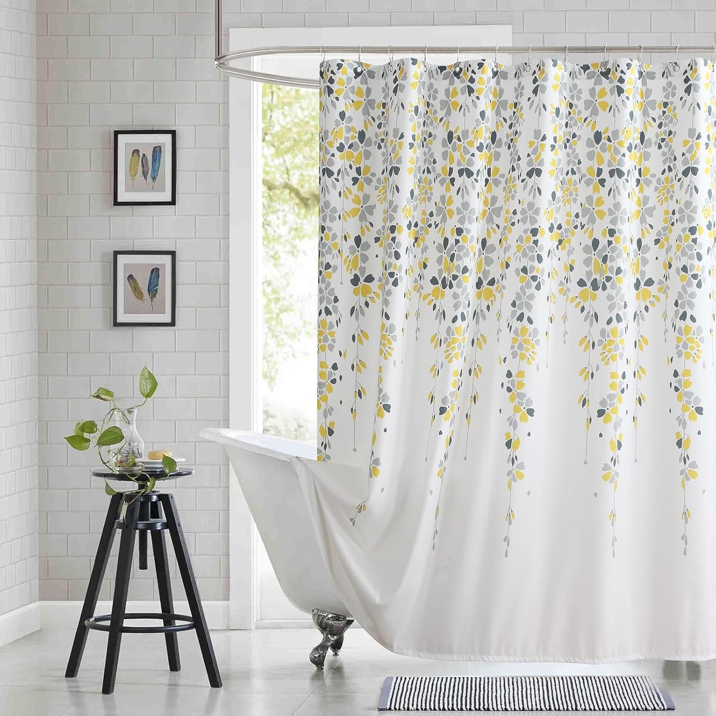 Fabric Floral Shower Curtain, Yellow and Gray Flower Shower Curtains for Bathroom, Waterproof Bathroom Curtains, 72" W x 72" H