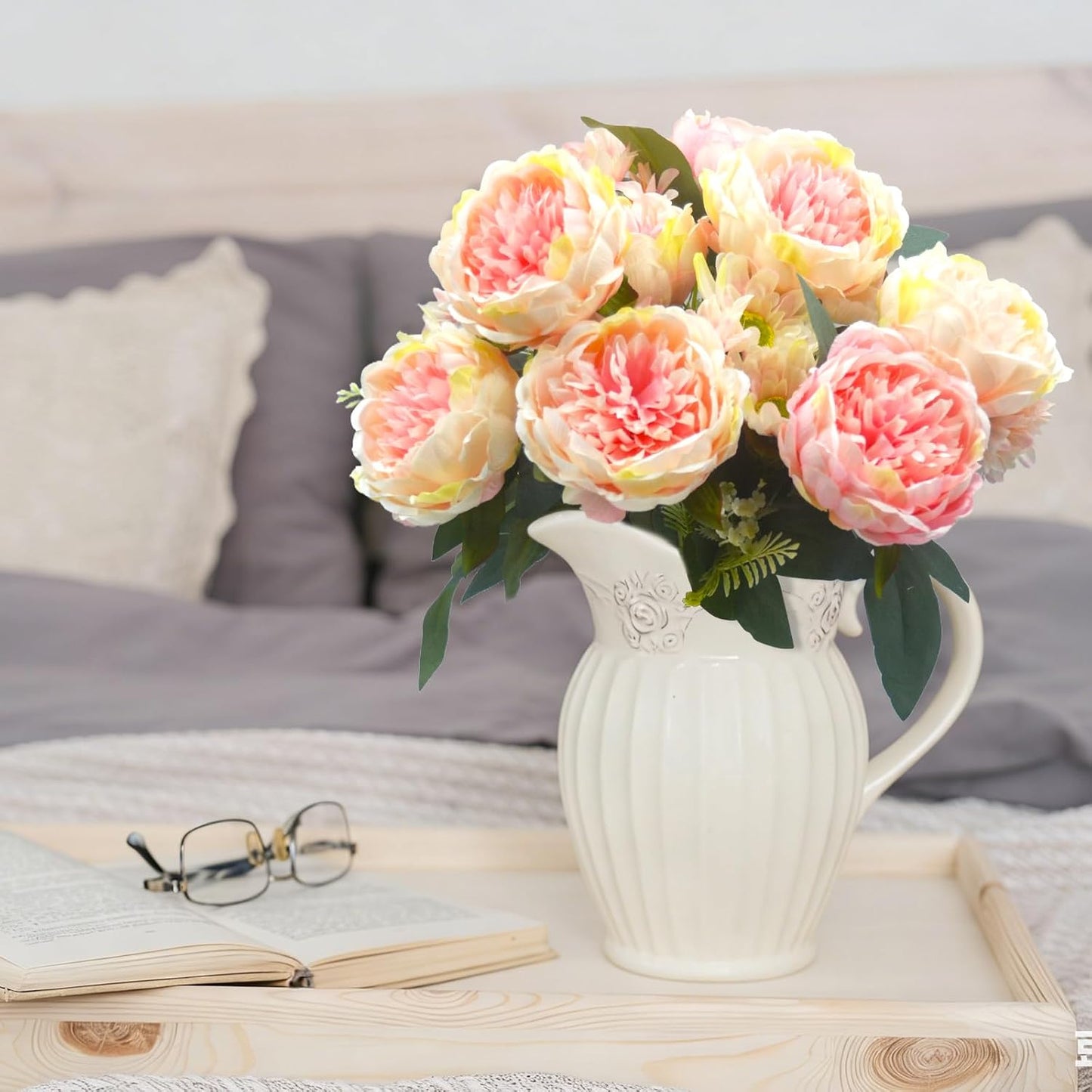 Peonies Artificial Flowers, Fake Peony Bouquet, Realistic Faux Peony Silk Flowers for Wedding, Home Décor, and Table Centerpieces – Ideal for Arrangements and Special Occasions 2 Bouquets (Yellow)