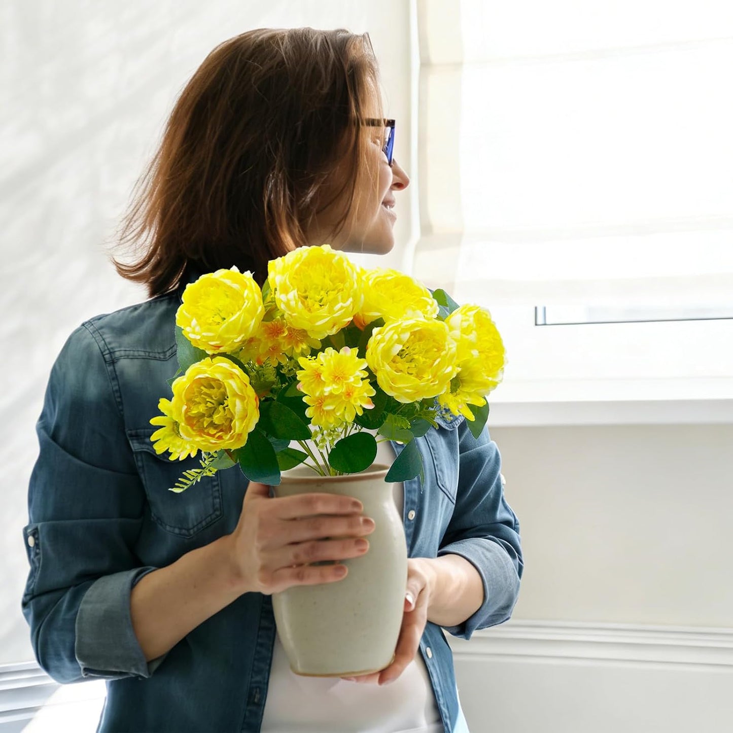 Peonies Artificial Flowers, Fake Peony Bouquet, Realistic Faux Peony Silk Flowers for Wedding, Home Décor, and Table Centerpieces – Ideal for Arrangements and Special Occasions 2 Bouquets (Yellow)
