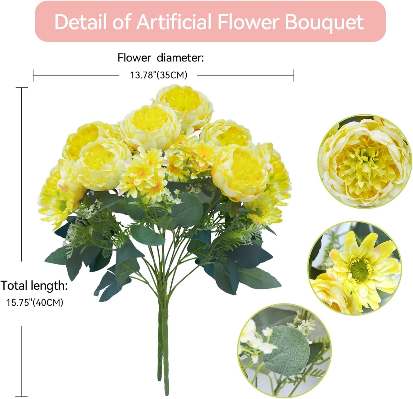 Peonies Artificial Flowers, Fake Peony Bouquet, Realistic Faux Peony Silk Flowers for Wedding, Home Décor, and Table Centerpieces – Ideal for Arrangements and Special Occasions 2 Bouquets (Yellow)