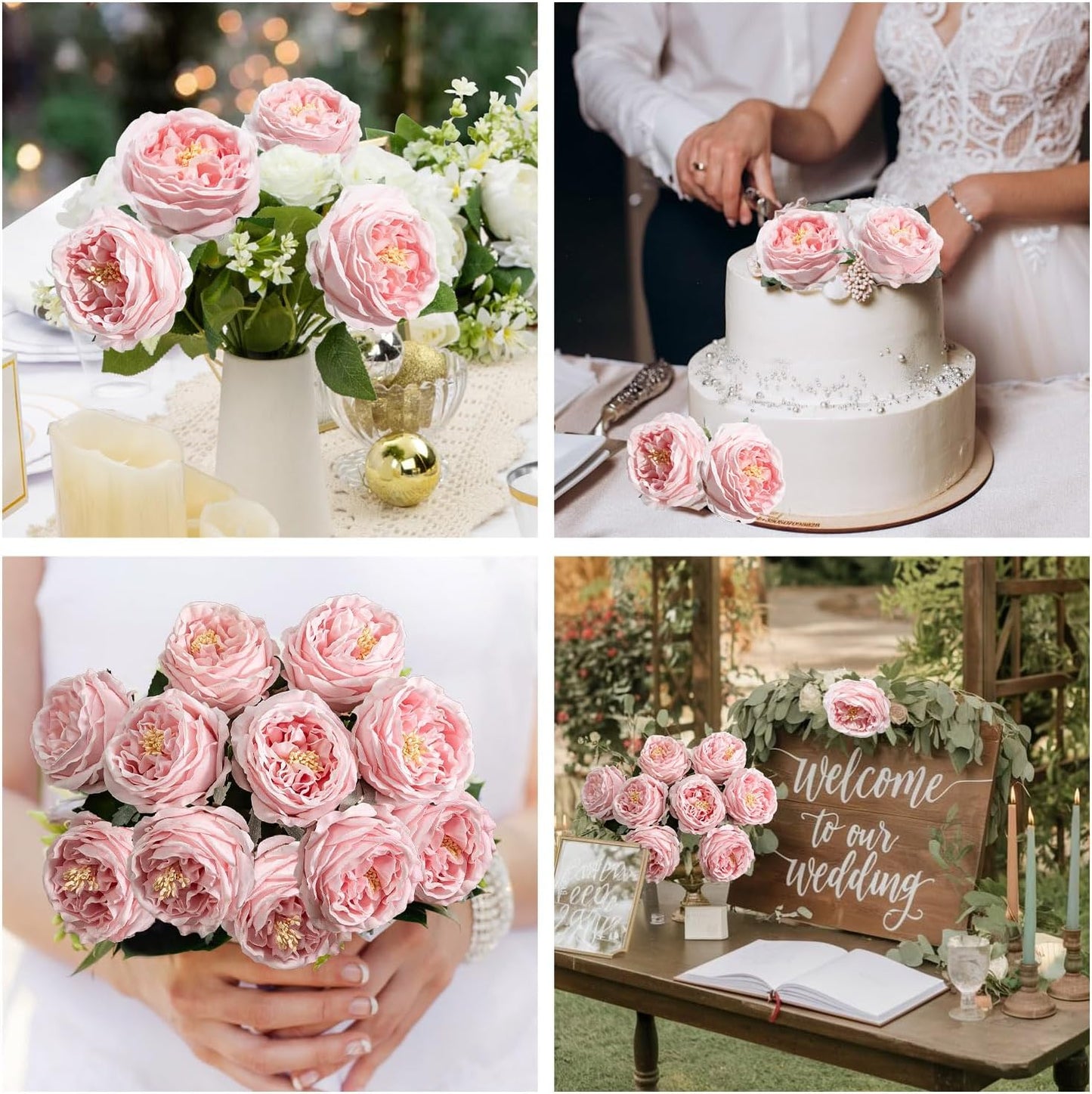 4 Pcs Real Touch Peonies Artificial Flowers, 3.5'' Big Bloom Austin Rose Peony Latex Fake Flower with Stems for Wedding Bouquet Party Valentines Arrangement Home Kitchen (Champagne)