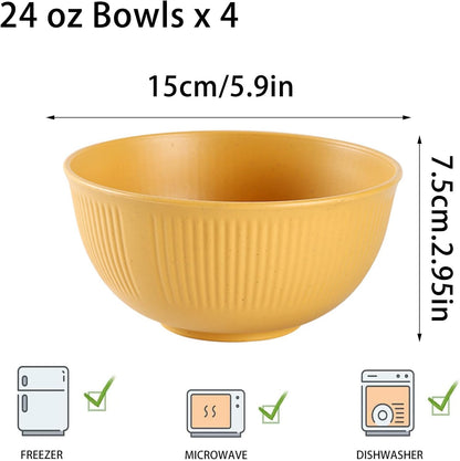 Unbreakable Wheat Straw Cereal Bowls, 24 oz Reusable Lightweight Bow Set of 4, Microwave & Dishwasher Safe Soup and Salad Bowls for Snack Rice Noodles, BPA Free (Yellow)
