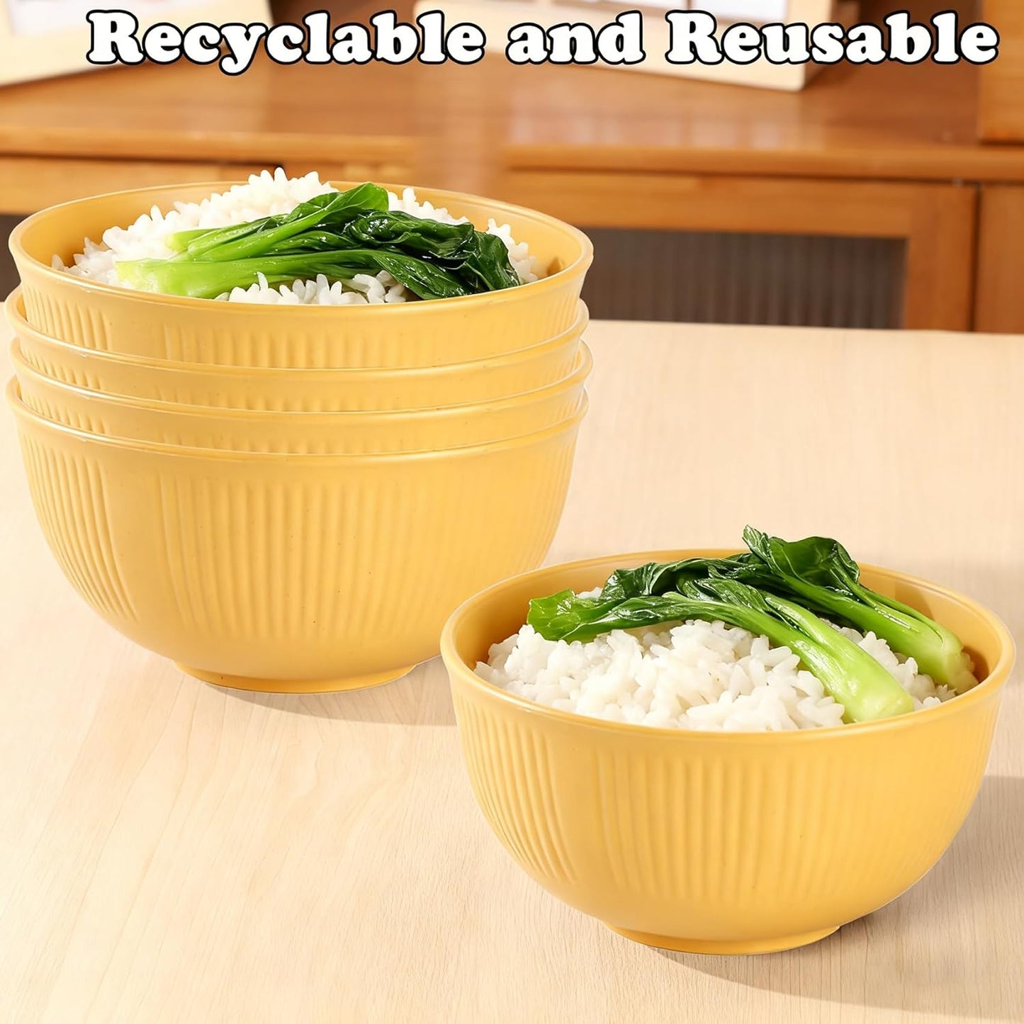 Unbreakable Wheat Straw Cereal Bowls, 24 oz Reusable Lightweight Bow Set of 4, Microwave & Dishwasher Safe Soup and Salad Bowls for Snack Rice Noodles, BPA Free (Yellow)
