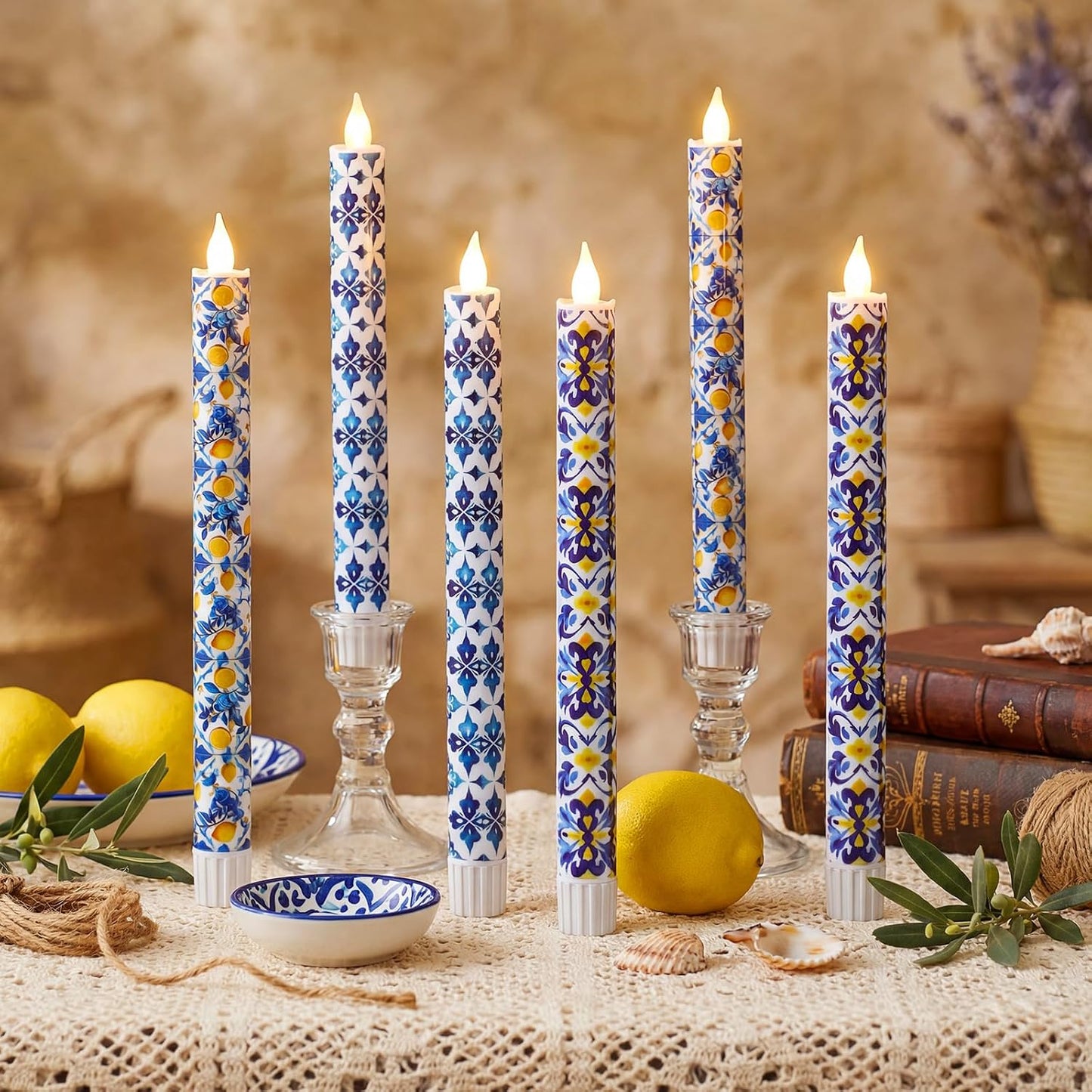6 Pcs Amalfi Coast Party Decorations Mediterranean Flameless Candles LED 11 Inch Capri Lemon Table Candles Decor for Mediterranean Italian Summer Wedding Gifts Home Decor