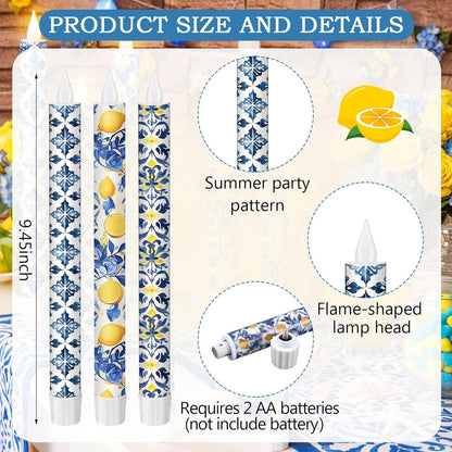 6 Pcs Amalfi Coast Party Decorations Mediterranean Flameless Candles LED 11 Inch Capri Lemon Table Candles Decor for Mediterranean Italian Summer Wedding Gifts Home Decor