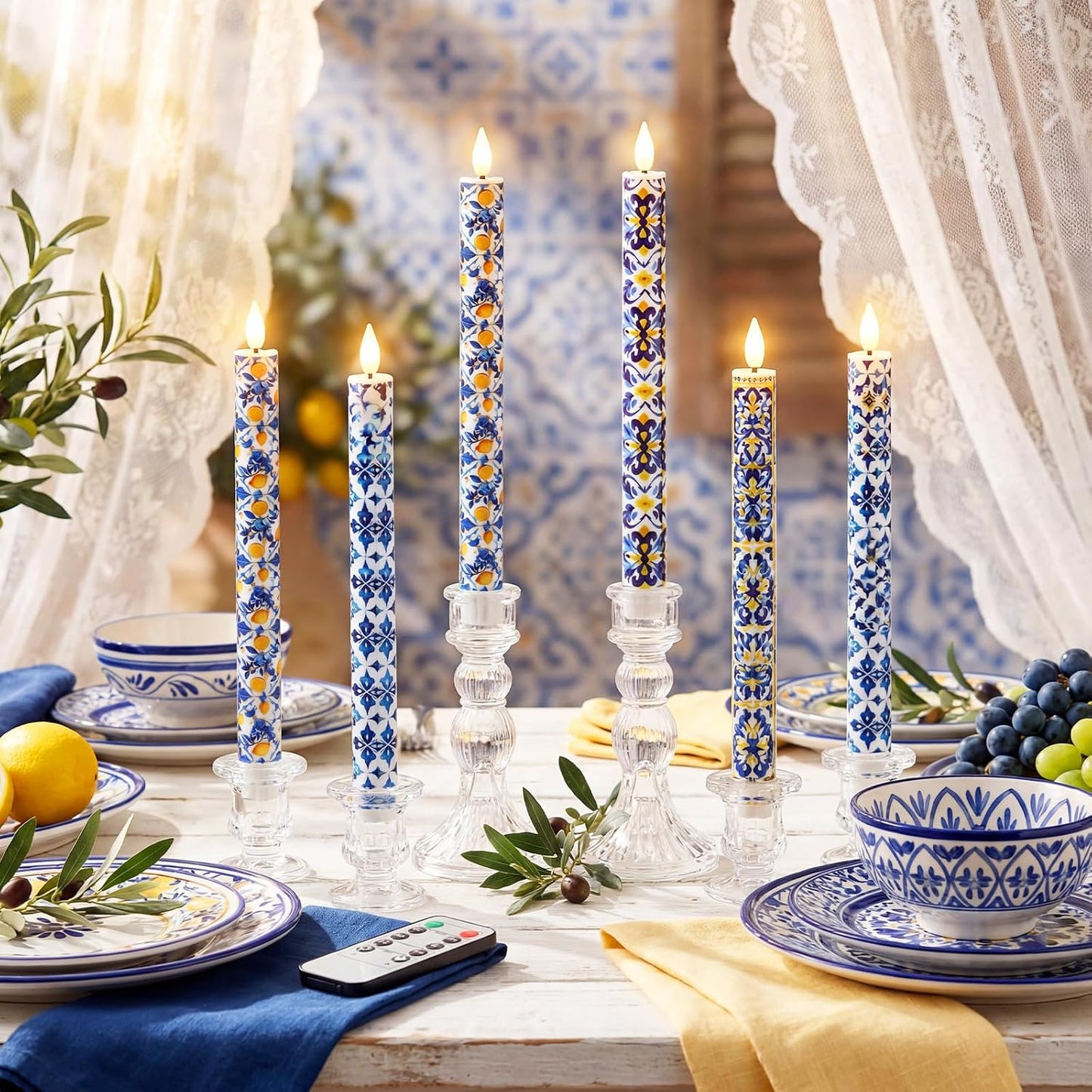 6 Pcs Amalfi Coast Party Decorations Mediterranean Flameless Candles LED 11 Inch Capri Lemon Table Candles Decor for Mediterranean Italian Summer Wedding Gifts Home Decor