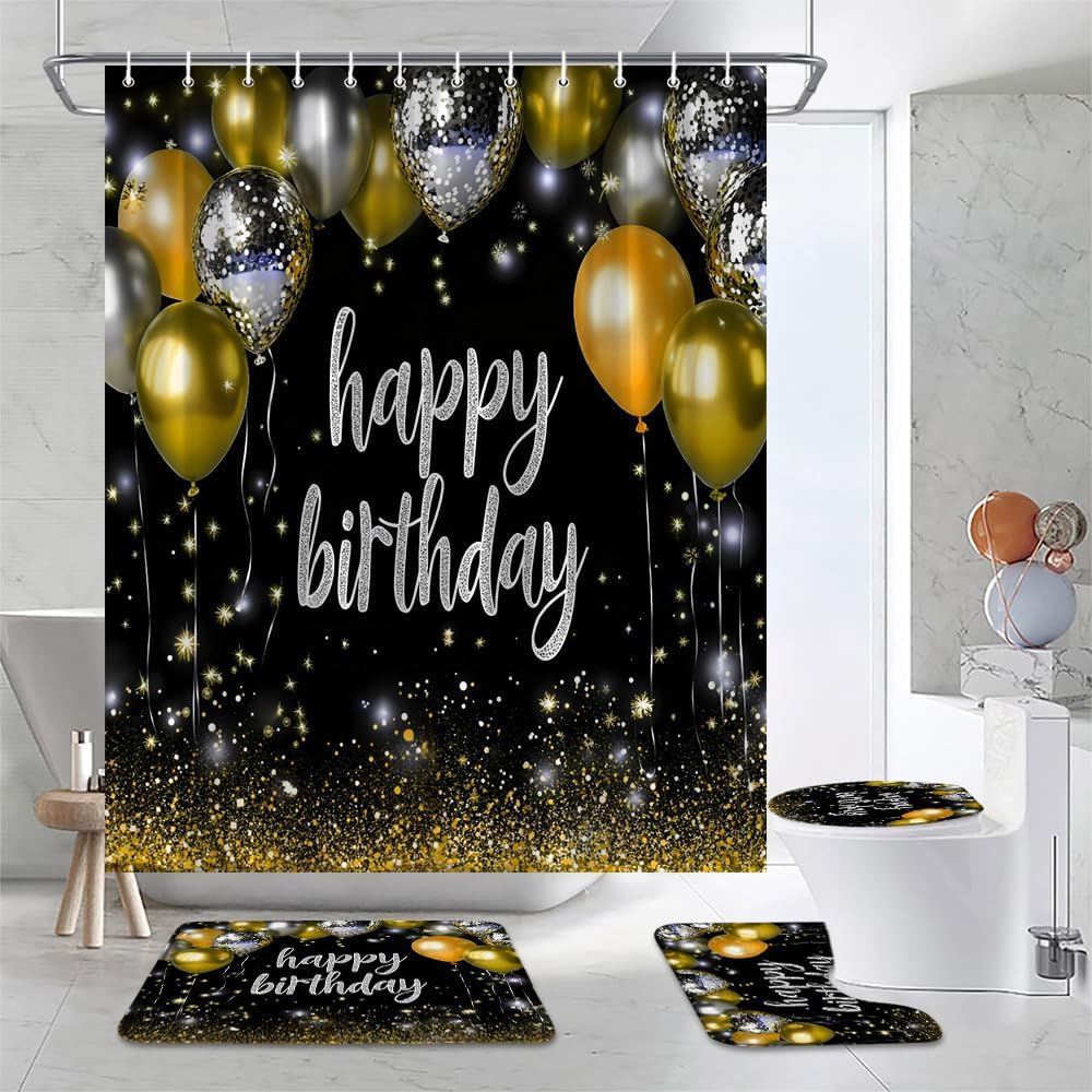 4 Pcs Shower Curtain Set for Bathroom Happy Birthday Yellow and Silver Balloon Design Black Glitter Birthday Party Background Fabric Shower Curtains Toilet Lid Cover and Bath Mat Bathroom Decor