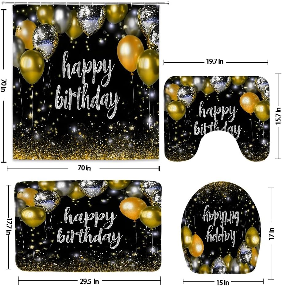 4 Pcs Shower Curtain Set for Bathroom Happy Birthday Yellow and Silver Balloon Design Black Glitter Birthday Party Background Fabric Shower Curtains Toilet Lid Cover and Bath Mat Bathroom Decor