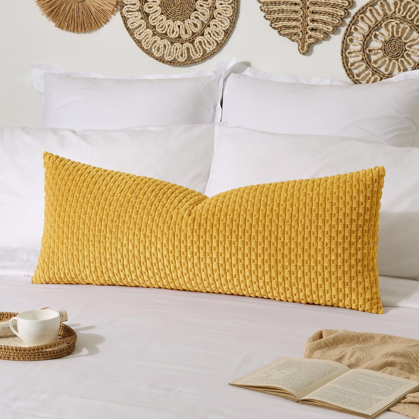 Soft Corduroy 20"x54" Pillow Cover 1 Pack, Mustard Yellow | Boho Stripe Plush Corduroy Decorative Oblong Cushion Cover Modern Farmhouse Home Decor for Sofa Couch Bed Chair