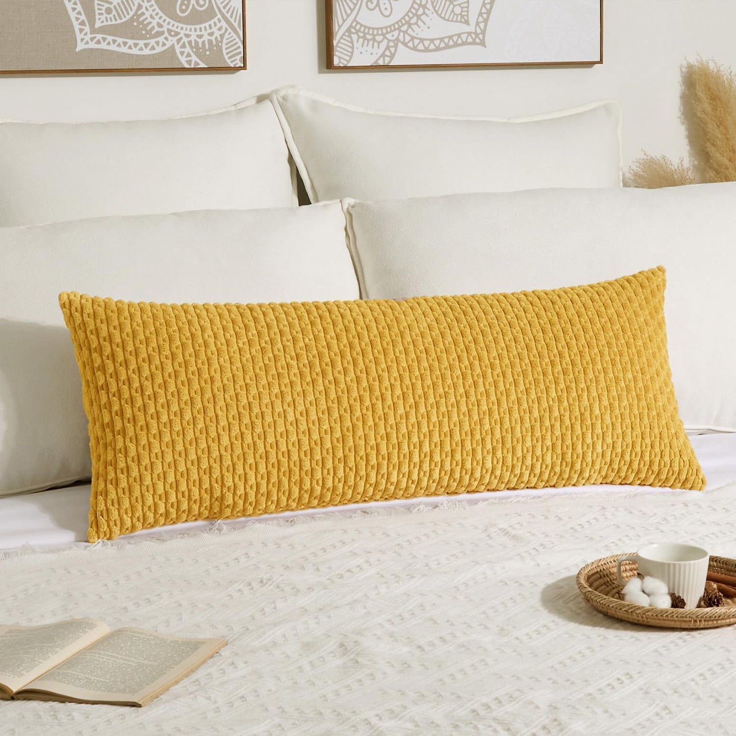 Soft Corduroy 20"x54" Pillow Cover 1 Pack, Mustard Yellow | Boho Stripe Plush Corduroy Decorative Oblong Cushion Cover Modern Farmhouse Home Decor for Sofa Couch Bed Chair