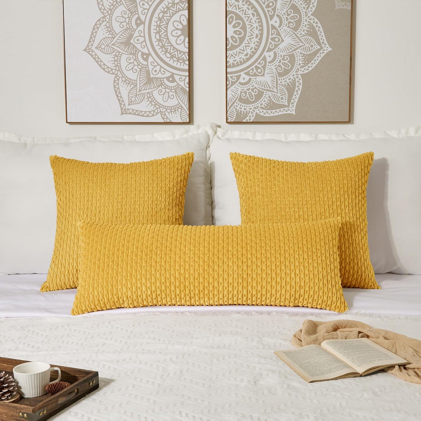 Soft Corduroy 20"x54" Pillow Cover 1 Pack, Mustard Yellow | Boho Stripe Plush Corduroy Decorative Oblong Cushion Cover Modern Farmhouse Home Decor for Sofa Couch Bed Chair