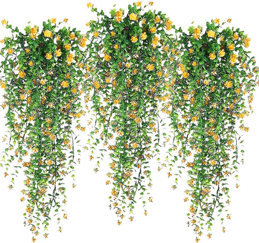 Artificial Hanging Flowers, 3 Pcs Fake Hanging Plants Decor, Artificial Vines for Outdoors, UV Resistant No Fade Artificial Plants Suitable for Indoor Decoration Outdoor Porch Courtyard (Yellow)