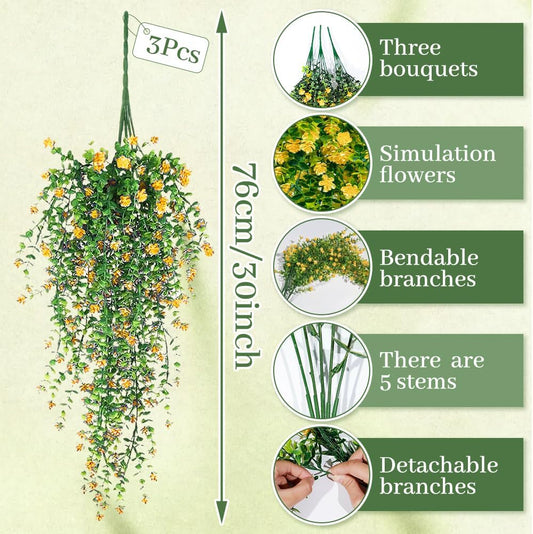 Artificial Hanging Flowers, 3 Pcs Fake Hanging Plants Decor, Artificial Vines for Outdoors, UV Resistant No Fade Artificial Plants Suitable for Indoor Decoration Outdoor Porch Courtyard (Yellow)