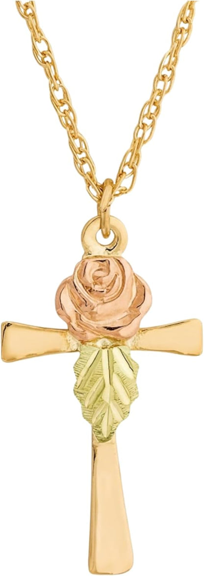 Rose on Cross Pendant Necklace, 10k Yellow Gold & 12k Green and Rose Black Hills Gold Motif, Hand-Engraved Grape Leaves, 18" Chain – Religious Jewelry Gift for Women with Gift Box