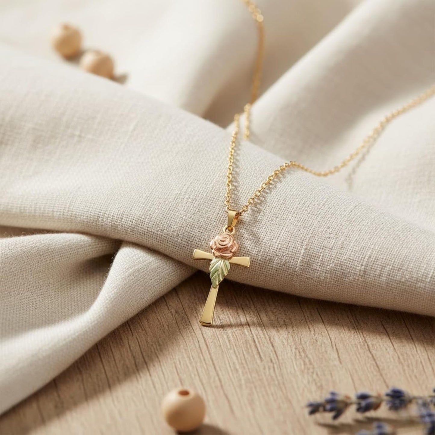 Rose on Cross Pendant Necklace, 10k Yellow Gold & 12k Green and Rose Black Hills Gold Motif, Hand-Engraved Grape Leaves, 18" Chain – Religious Jewelry Gift for Women with Gift Box