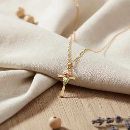 Rose on Cross Pendant Necklace, 10k Yellow Gold & 12k Green and Rose Black Hills Gold Motif, Hand-Engraved Grape Leaves, 18" Chain – Religious Jewelry Gift for Women with Gift Box