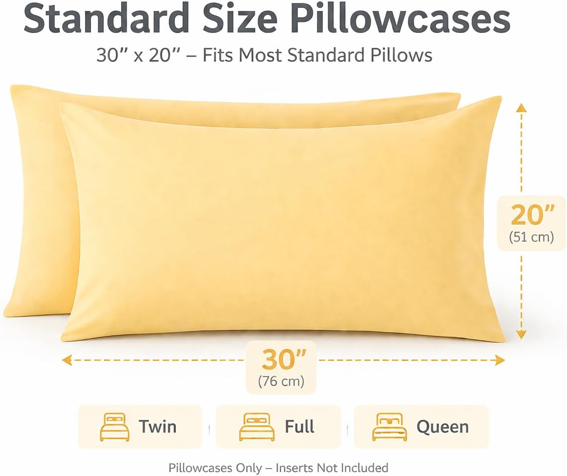 Ultra Soft Brushed Microfiber Standard Size 20"x30" Pillowcases Pair Set of 2 with Envelope Closure (Yellow, 20"x30" Standard)