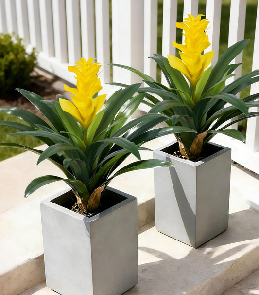 Fake Flowers Plants for Outdoors, 2 Pcs 16.93" Bromeliad Artificial Flowers Uv Resistant Realistic Faux Flowers for Outdoor Planters Outside Porch Patio Yard Garden Indoor Decoration(Yellow)