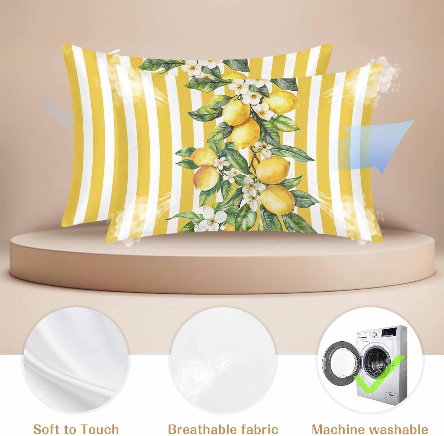 Yellow Lemon Stripes Pillow Cases Standard Size Set of 2, Summer Spring Fruit Flowers Leaves Satin Pillowcase with Zipper for Hair/Skin, Decorative Pillow Covers for Bed/Couch/Sofa, 20x26 Inches