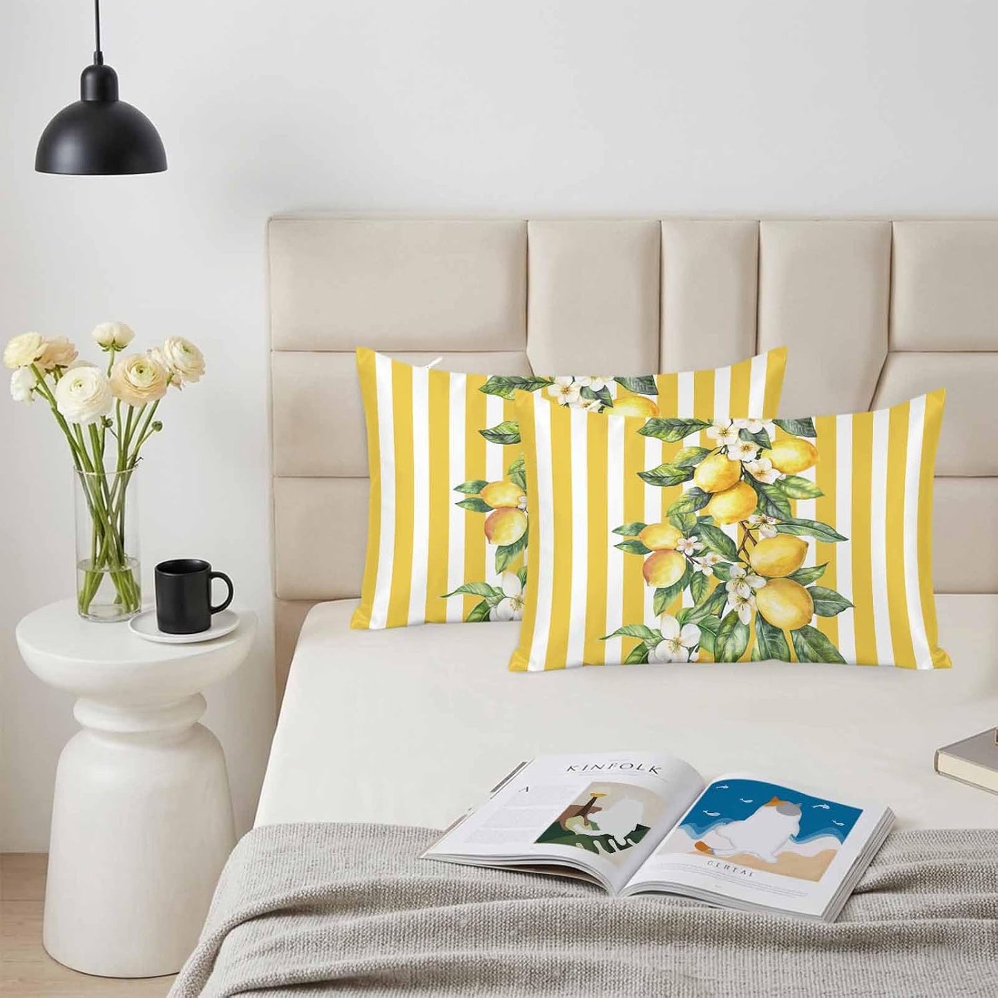 Yellow Lemon Stripes Pillow Cases Standard Size Set of 2, Summer Spring Fruit Flowers Leaves Satin Pillowcase with Zipper for Hair/Skin, Decorative Pillow Covers for Bed/Couch/Sofa, 20x26 Inches