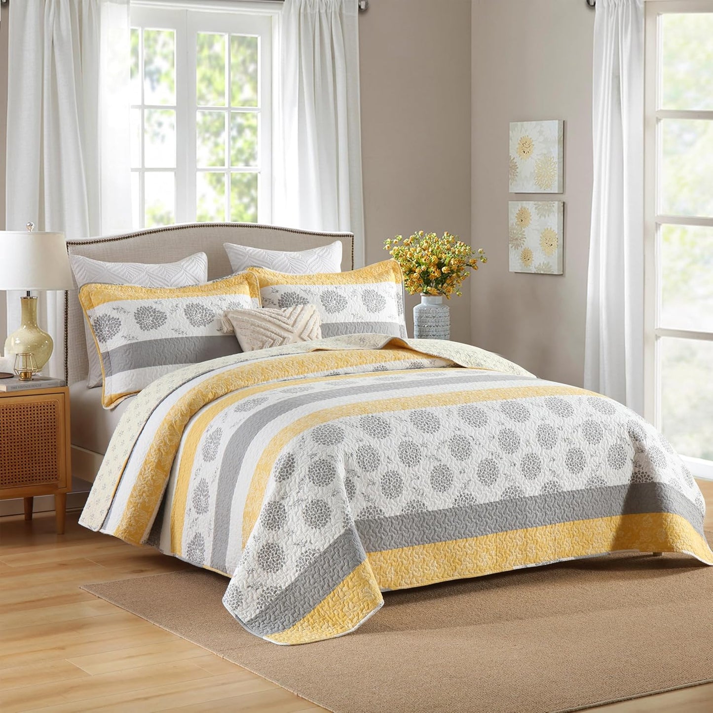 Quilt Queen Size-Comforter Queen Bedding Set,Yellow Gray White All Cotton Quilted Bedspread, Striped Floral Pattern Quilt Set,Lightweight Paisley 3 Piece,All Seasons