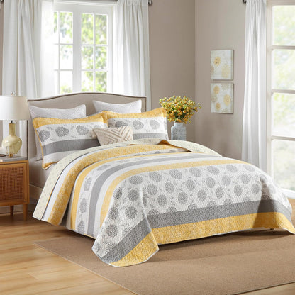 Quilt Queen Size-Comforter Queen Bedding Set,Yellow Gray White All Cotton Quilted Bedspread, Striped Floral Pattern Quilt Set,Lightweight Paisley 3 Piece,All Seasons