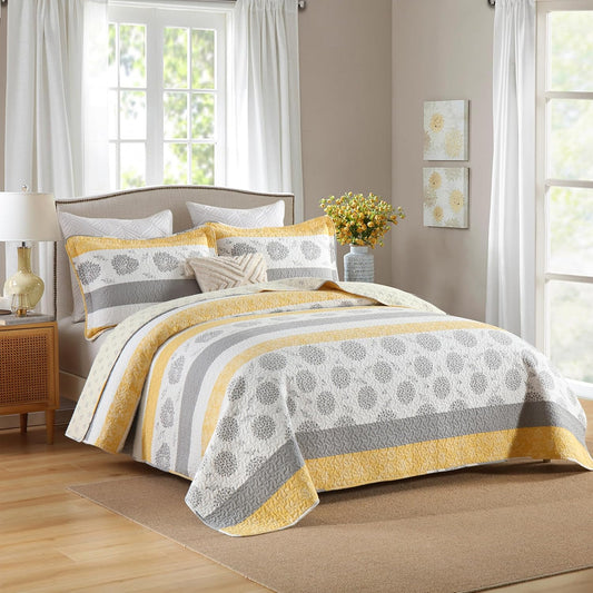 Quilt Queen Size-Comforter Queen Bedding Set,Yellow Gray White All Cotton Quilted Bedspread, Striped Floral Pattern Quilt Set,Lightweight Paisley 3 Piece,All Seasons